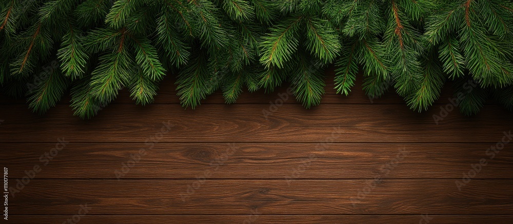 Aufkleber spruce and pine branches on a wooden background with space for text mockup perfect for seasonal or n