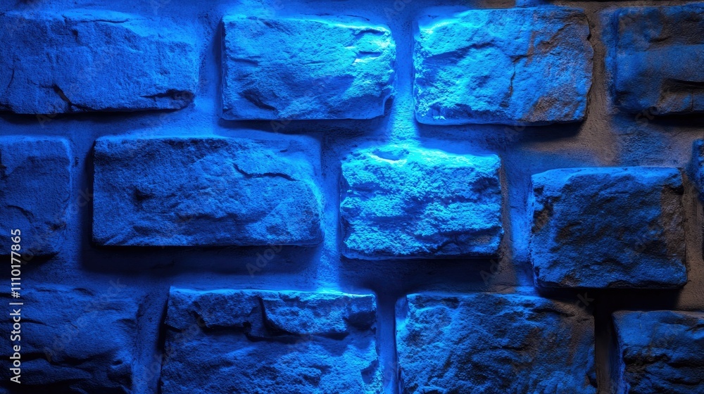 Poster closeup of a textured brick wall illuminated with blue lighting creating a dramatic and modern atmos