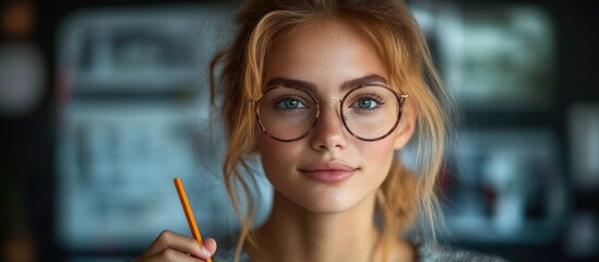 Engaging female educator with glasses holding a pencil and demonstrating enthusiasm in a collaborative learning environment