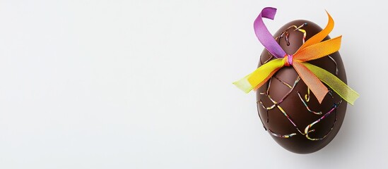 Colorful ribbon bow on a chocolate Easter egg isolated on a white background symbolizing festive celebrations and holiday traditions