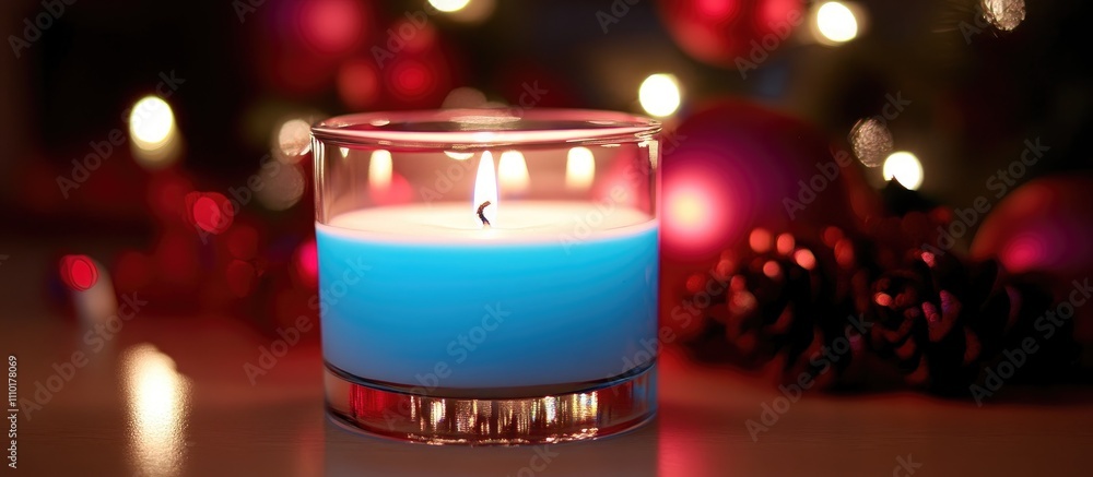 Poster festive candle illumination with blue wax and bokeh lights creating a warm holiday atmosphere in the