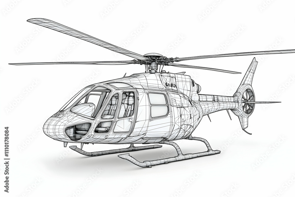 Poster a wireframe model of a helicopter showcasing its design and structural elements.