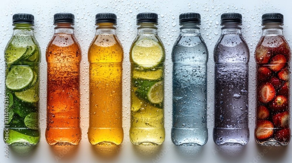 Poster Assorted flavored water bottles with fresh fruits on a white background creating an appealing beverage display for health and hydration concepts