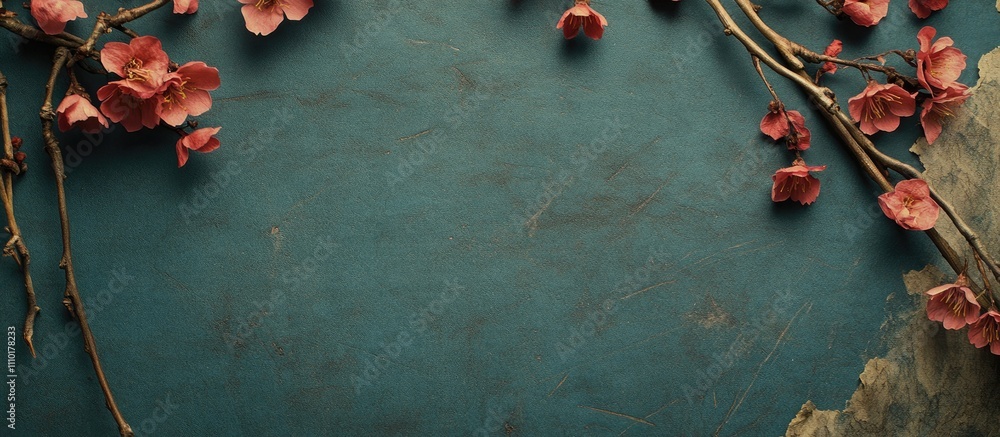 Poster Blue spring backdrop with delicate pink flowers creating a serene and elegant atmosphere for various creative projects and designs.