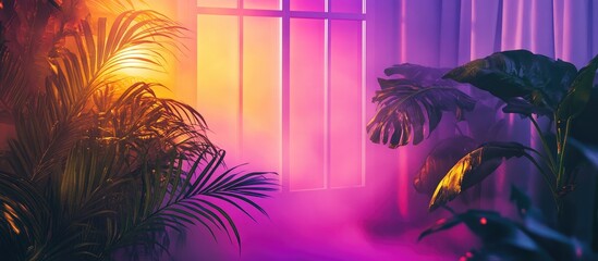 Fototapeta premium Mysterious indoor setting with vibrant mist and lush foliage creating an enchanting atmosphere of tranquility and nature's beauty.