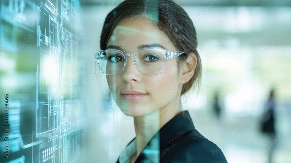 Poster businesswoman using a futuristic touchscreen interface to analyze data in a modern office environmen