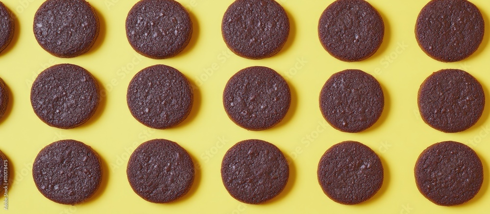 Poster Chocolate cookies arranged symmetrically on a vibrant yellow background creating a visually appealing dessert composition.