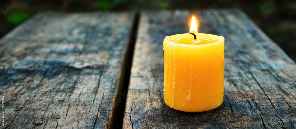 Poster Yellow candle flickering softly on rustic wooden table surrounded by nature creating a warm and serene atmosphere for relaxation and reflection