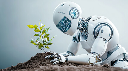 photorealistic image of AI powered robot planting young tree, showcasing technology and nature harmony. robot intricate design highlights its advanced features