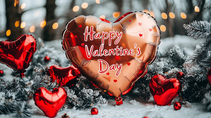 Happy Valentine's Day text with red heart shaped balloons. Love, Relationship symbol concept