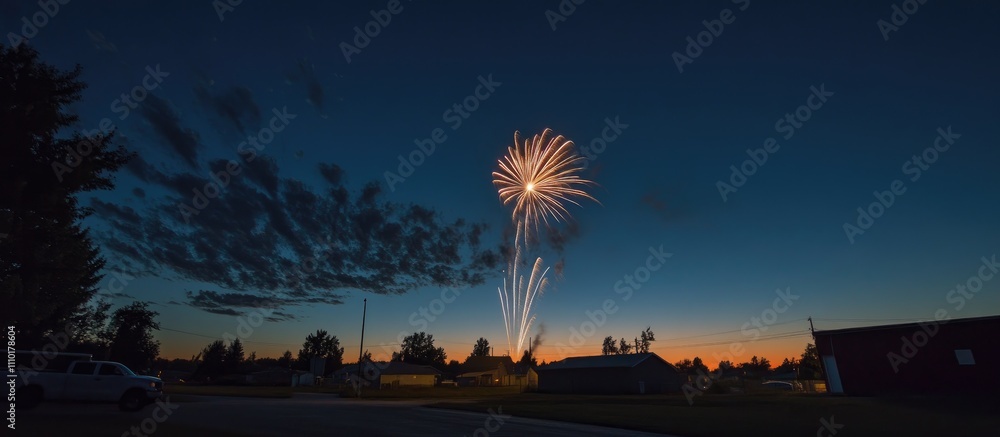 Poster fireworks display illuminated against the evening sky with a prominent moon and silhouettes of trees