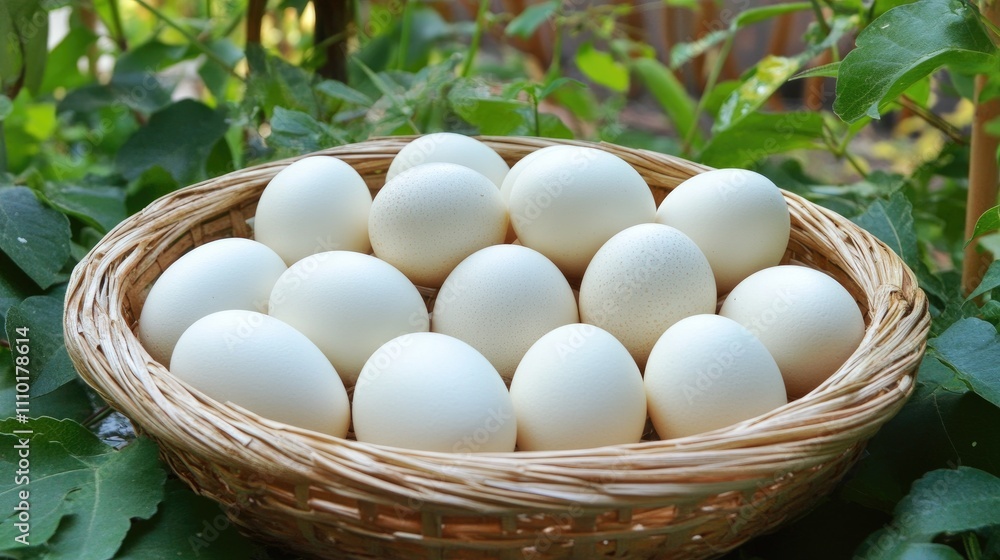 Poster fresh duck eggs arranged elegantly in a rustic wicker basket surrounded by lush greenery capturing a