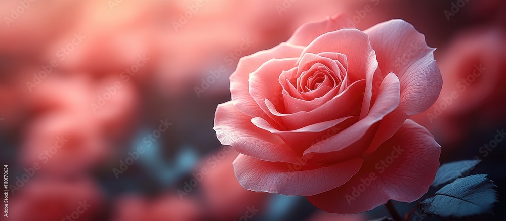 Poster stunning close-up of a delicate pink rose showcasing its intricate petals and soft colors set agains