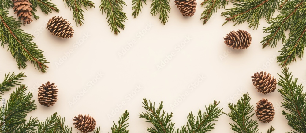Poster Thuja spruce branches and pine cones arranged in a flat lay mockup creating a festive empty space for holiday decorations and messages