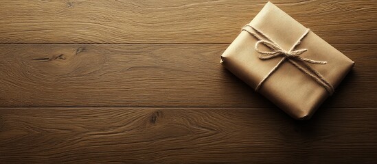 Fototapeta premium Christmas present wrapped in brown paper placed on rustic wooden table for holiday decorations and seasonal celebrations.
