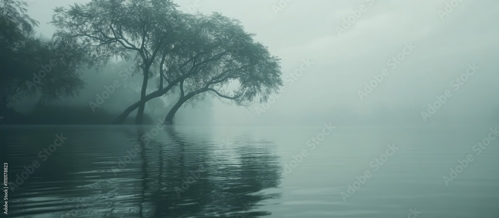 Poster serene misty morning by the water with silhouetted trees creating a tranquil and calm atmosphere in 
