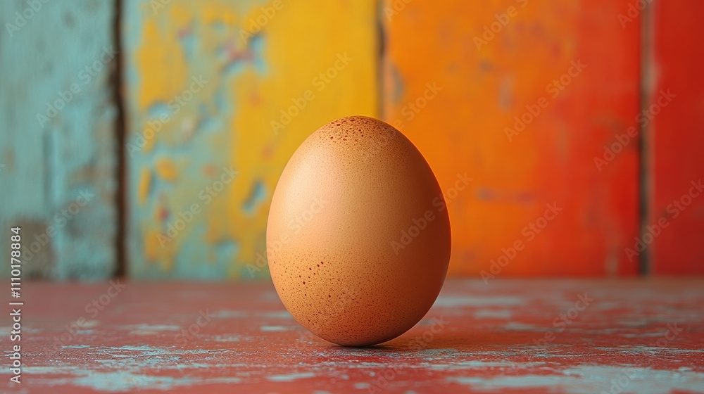 Aufkleber Brown chicken egg against a colorful rustic background highlighting texture and contrast in a vibrant and artistic setting.