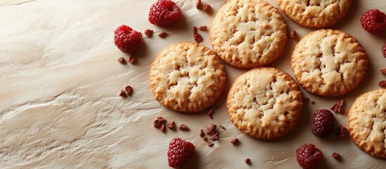 Fototapeta premium Delicious homemade cookies with raspberries arranged on a light wooden table perfect for bakery and dessert-themed compositions