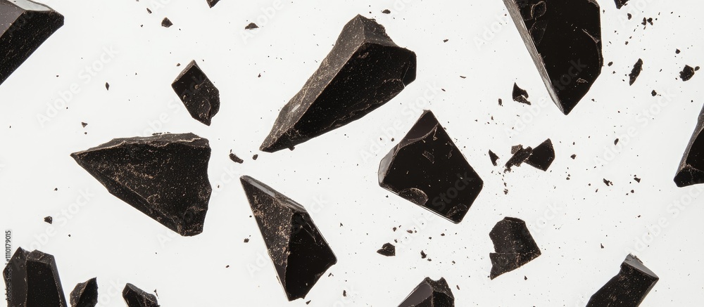 Poster black chocolate fragments scattered on a clean white backdrop creating a striking contrast perfect f