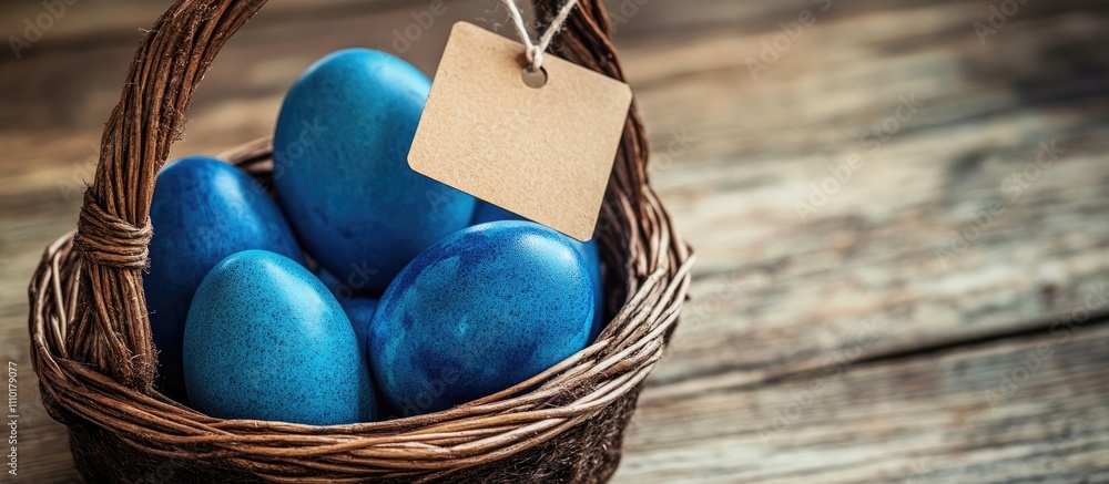 Poster blue quality easter eggs in a rustic brown basket with a blank tag for customization or labeling on 