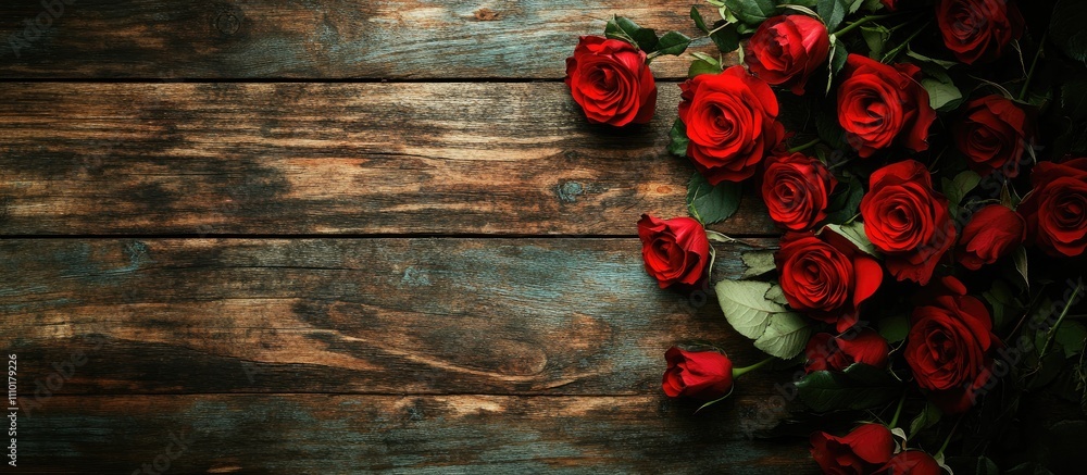 Poster elegant red roses on rustic wooden background with ample space for heartfelt message and personaliza