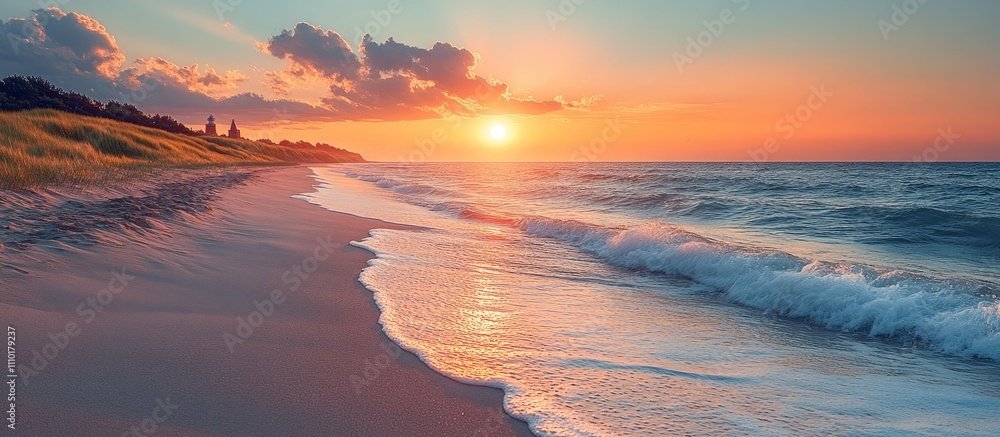 Poster tranquil beach landscape at sunset with gentle waves and intricate sand patterns under a colorful sk