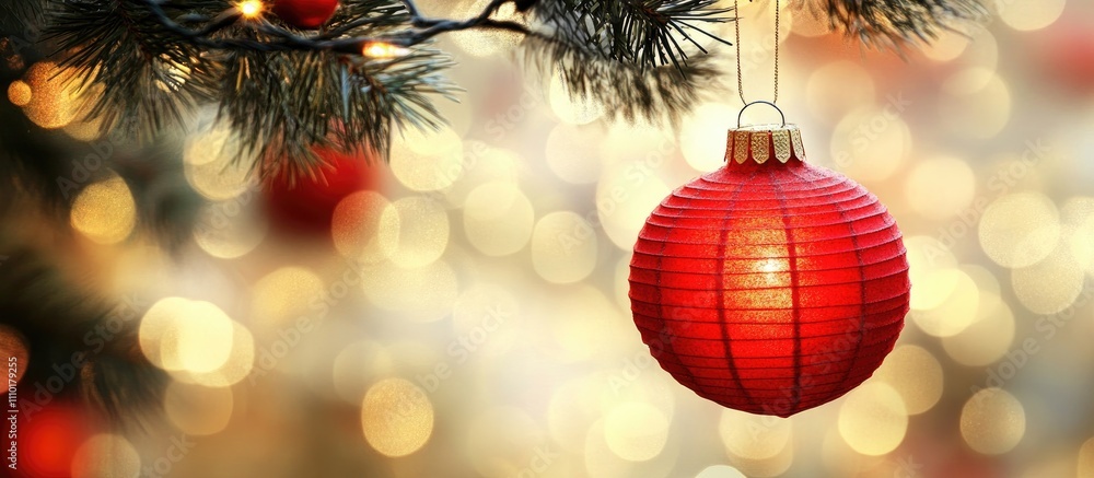 Poster christmas card design with red lantern and soft bokeh lights in background for festive celebrations 