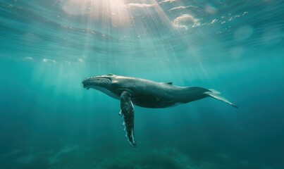 Obraz premium Humpback whale gracefully swims underwater, showcasing its gentle fluke in the depth of field
