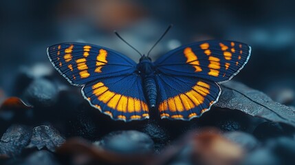 Obraz premium Vibrant blue and orange butterfly resting on stones with blurred background