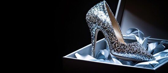 Sparkling high heel wedding shoe elegantly displayed in a gift box ready for the special ceremony on a dark background