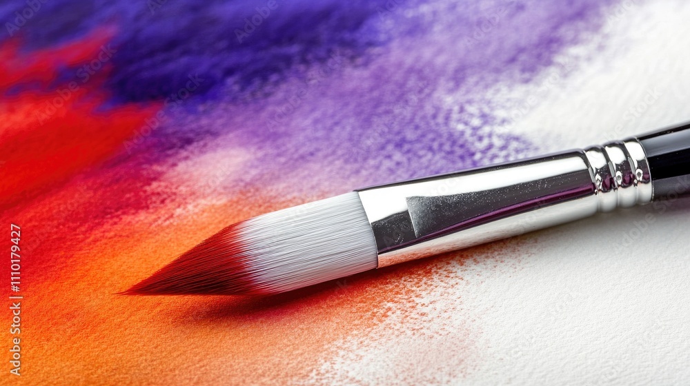 Poster artistic close-up of a paintbrush on a vibrant watercolor canvas showcasing color blending and brush