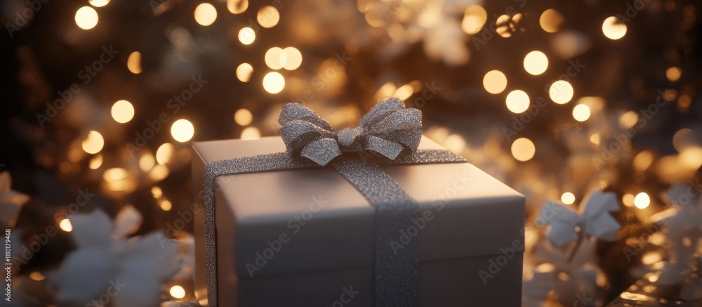 Poster elegant gift box with a bow surrounded by soft glowing lights and flowers creating a warm festive at