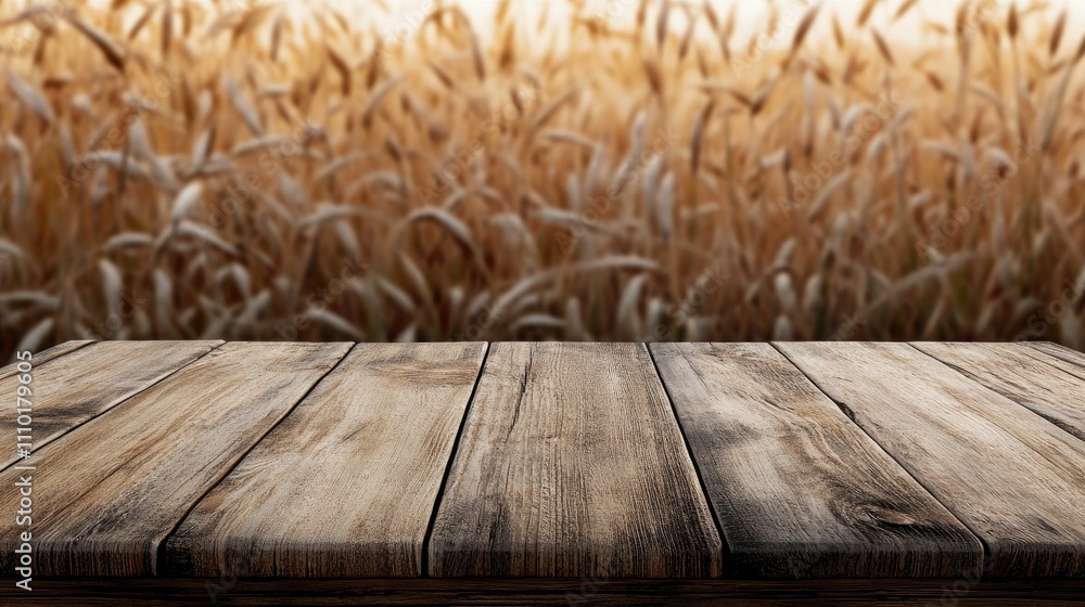 Poster rustic wooden table for product display with a blurred golden wheat field background ideal for agric