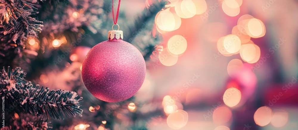 Poster pink blurred bokeh background with christmas ornaments creating a festive atmosphere for holiday cel