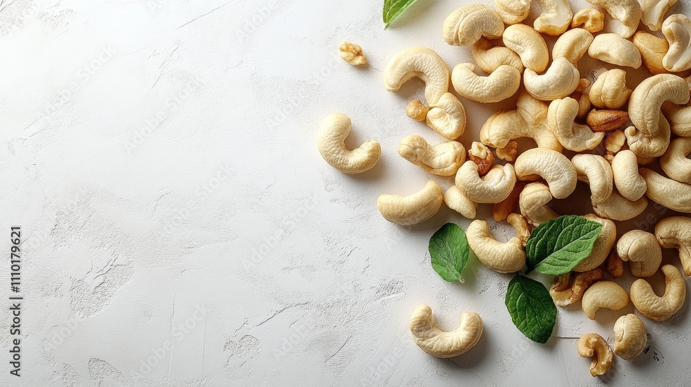 Poster cashew nuts with fresh green leaves arranged on a light textured background for healthy snack and cu