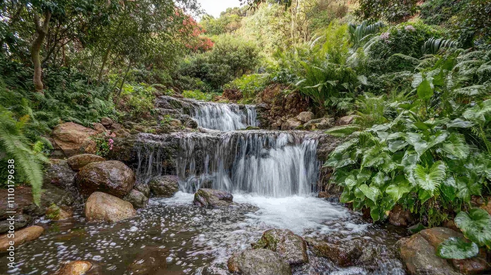 Poster serene waterfall cascading through lush greenery in a tranquil garden setting