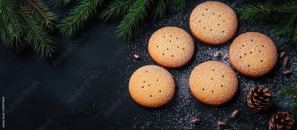 Poster cookies dusted with powdered sugar arranged with pine branches and cones on a dark surface creating 