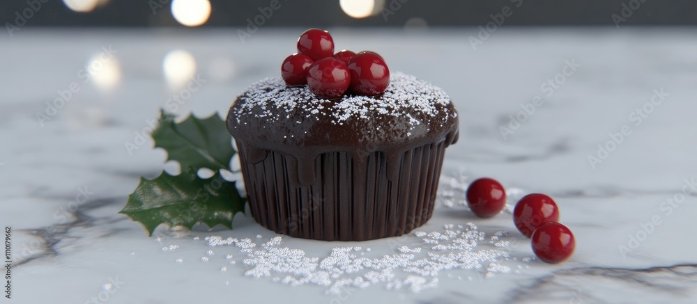 Poster chocolate cupcake topped with red berries and powdered sugar on a marble surface with festive holida