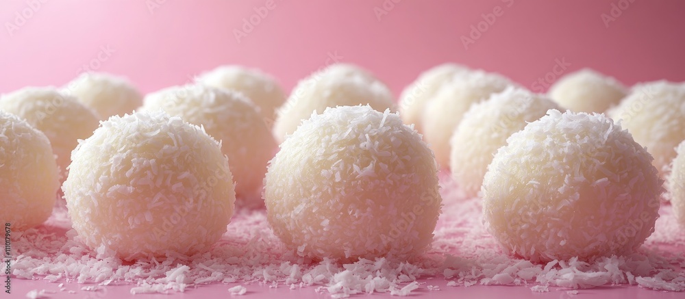 Poster homemade coconut-covered white candy arranged on a soft pink background creating a delightful and in
