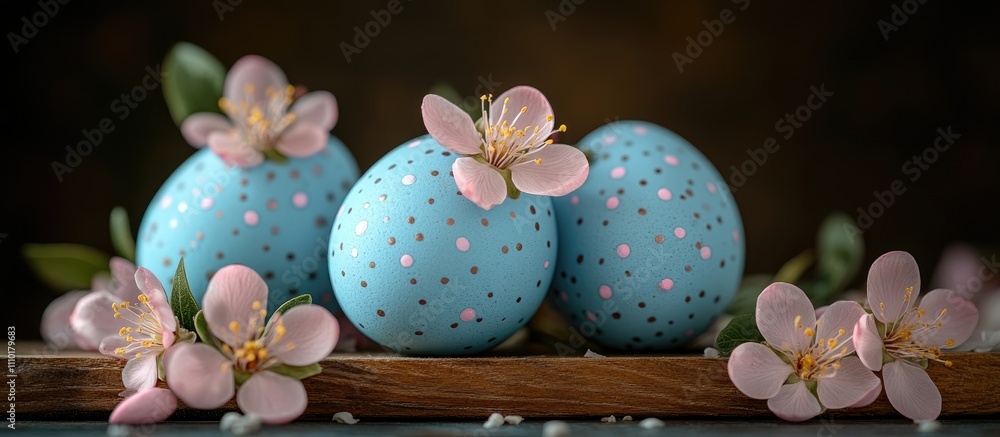 Aufkleber decorative blue easter eggs with almond blossoms arranged on rustic wooden surface creating a spring