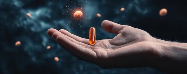 An open palm holding a single iridescent capsule, with holographic projections of its components hovering nearby