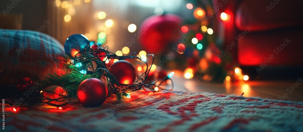 Poster festive christmas decorations with glowing garland lights and ornaments creating a warm and inviting