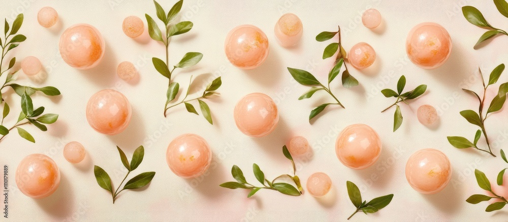 Poster pastel flat lay of boxwood branches and decorative spheres creating a serene and elegant composition