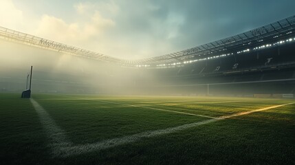 A stadium bathed in the soft light of early morning, with dew on the field and a quiet, peaceful atmosphere