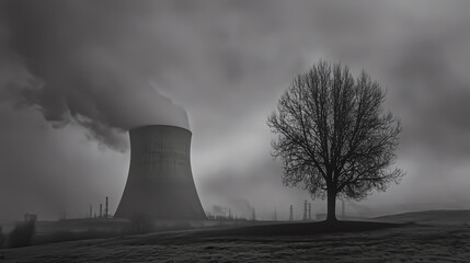 Nuclear power plant cooling tower in dramatical scene showcasing water contaminated with radionuclides.