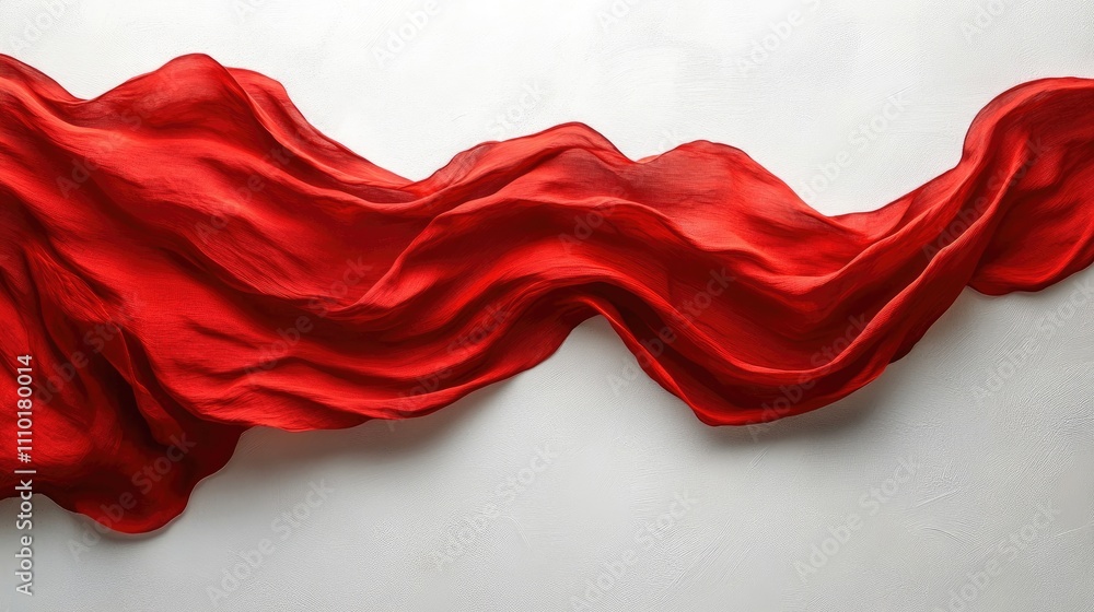 Fototapete red fabric flowing elegantly on a white background with ample space for customization and text place