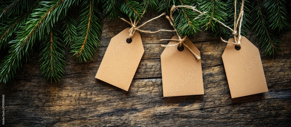 Poster festive christmas tags arranged on a rustic timber background surrounded by fresh evergreen branches