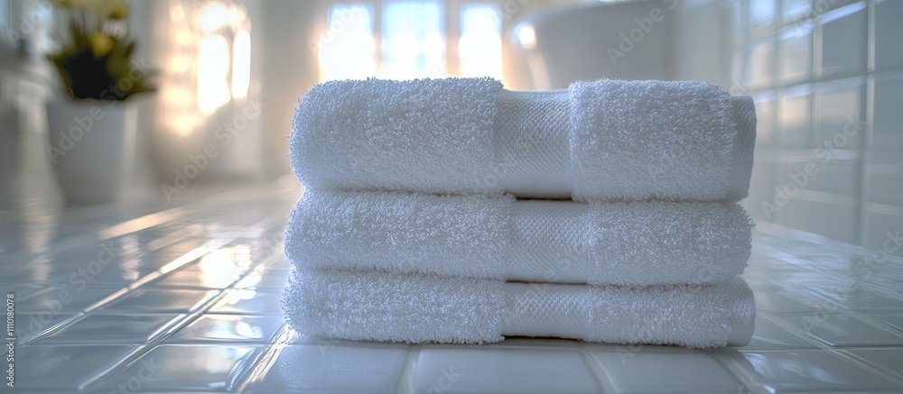 Poster stack of neatly folded clean white towels in a well-lit bathroom setting with soft natural light ill