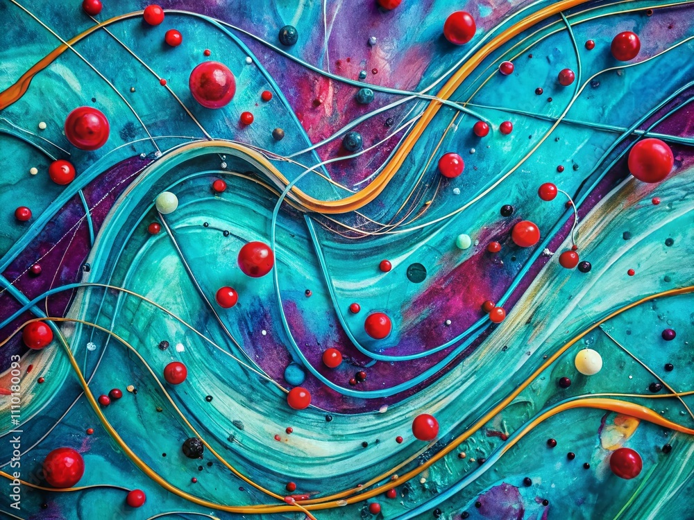 Aufkleber aerial view of teal canvas with sinuous blue lines and red dots accented by purple splatters – abstr