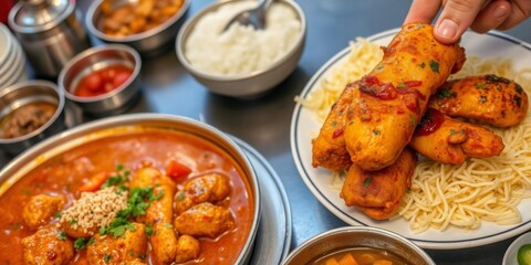 Indian food feast with chicken tikka masala, spicy tandoori chicken, and an array of appetizers on a festive table setting, cuisine, Indian